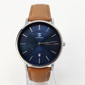 Men's Watch Minimalist 40MM Gray Case Blue Dial Date Light‎ Brown Leather Straps